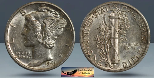 1943 D Mercury Dime, Almost Uncirculated+ Condition, FSB, Full Bands, C8317