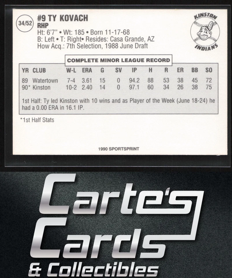 Ty Kovach 1990 SportsPrint Carolina League All-Stars #34 Kinston Indians - Image 2 of 2
