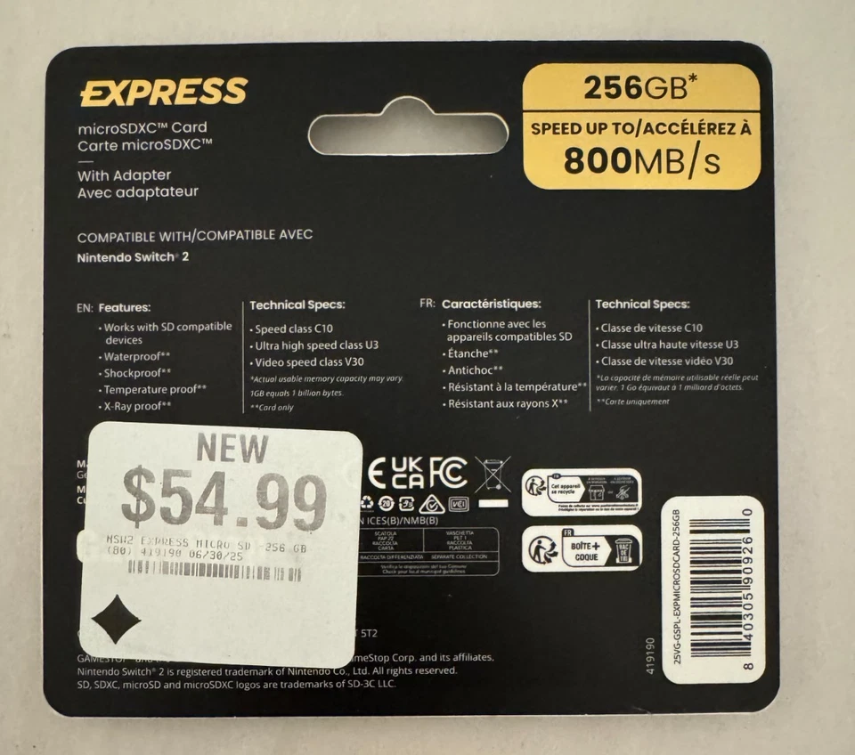 Nintendo Switch 2 – 256GB 800MB/SEC GameStop SD Card + ADAPTER - NEW - Image 2 of 2
