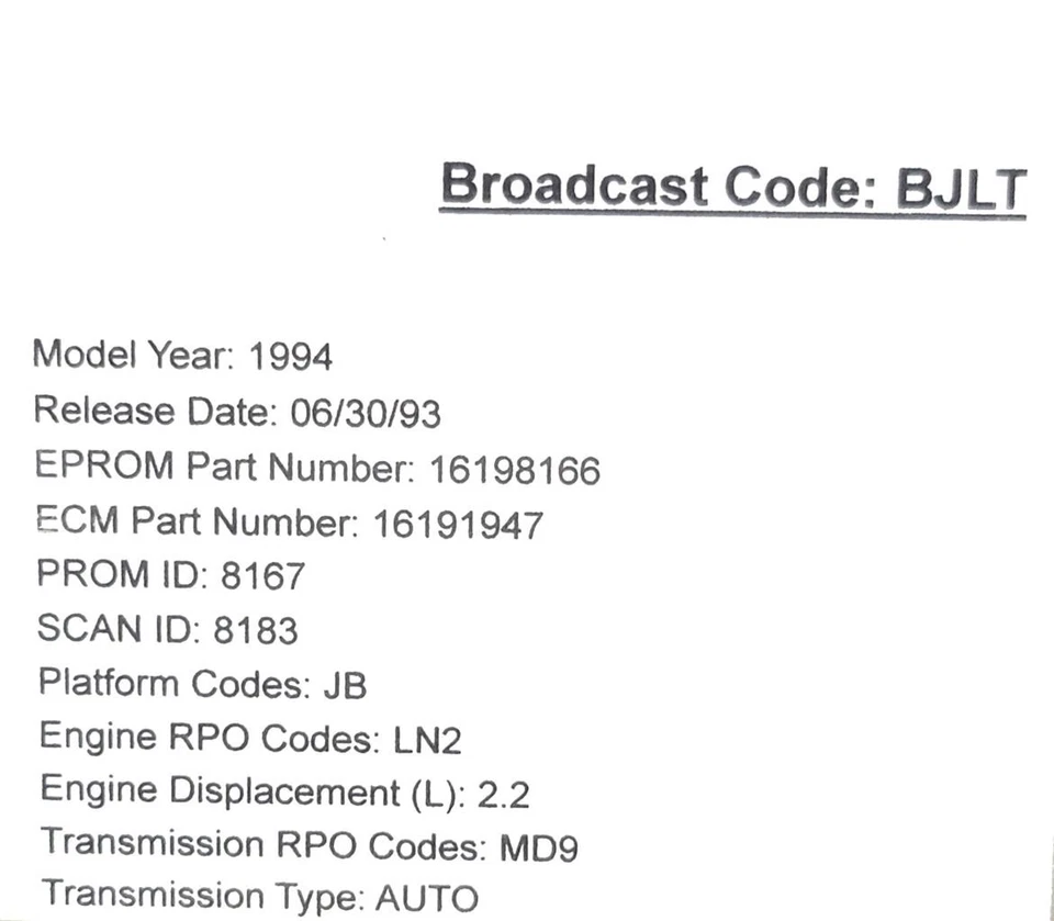 Chevy Cavalier Z34 1994-95 convertible 2,2 L transmisión automática ecm 16191947 chip BJLT Foto 3 de 3