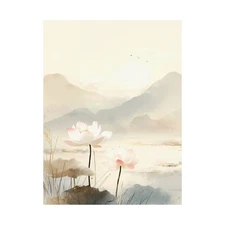 Japanese Lotus Wall Art Zen Landscape Print Gold Sun Minimal Nature Decor