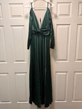 Fashion Nova Sugar Free Satin Long Sleeve Maxi Dress in Hunter Green