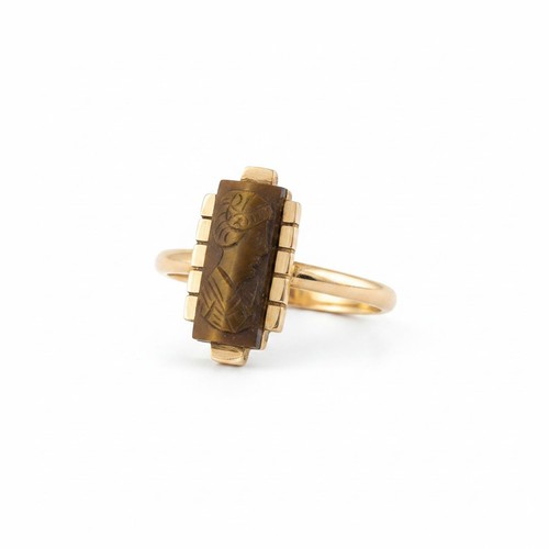 Antique Victorian Tiger's Eye Cameo Gold Ring, Carved Gemstone Ring, Size 7