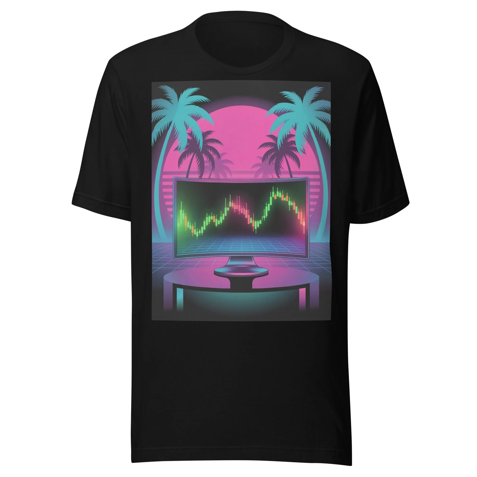Retro Neon Day Trader Nostalgic Synthwave Futuristic XRP Trading Desk T-Shirt