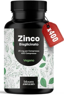 BLOOM NATURALS BEAUTY SUPPLEMENTS Zinco Integratore Bisglicinato 400 Compresse Alta Biodisponibilità 25 mg per
