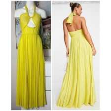 ASOS Design Lime Yellow Halter Channelled Pleated Mesh Maxi Gown Dress Size 10