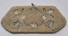 Vintage Champagne Beaded Evening Clutch Bag With Make Up Pad Made in Japan