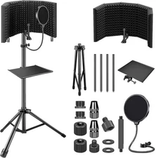 Microphone Isolation Shield with Pop Filter & Tripod Stand, Foldable Mic Shield 