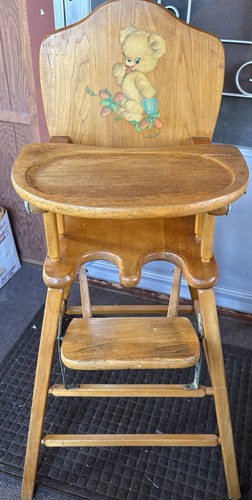 Vintage Wood Highchair*Bear Cub Decal Facing Left*child high Chair*39”h approx.
