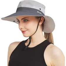 Sun Shade Womans Wide Brim Pony Tail Quick Dry Mesh/ Adjustable Chin Sun Hat