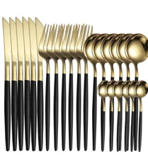 24pcs Modern Cutlery Black and Gold Stainless Steel Spoon Knife Fork Set