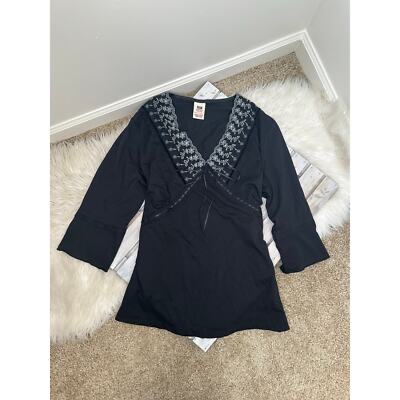 Vintage Y2K Faded Glory Lace Ribbon Black Embroidered Shirt Blouse