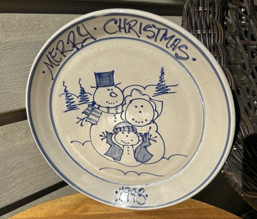 BBP Beaumont Bros Merry Christmas Snowman Family Salt Glaze Pottery Plate 9"