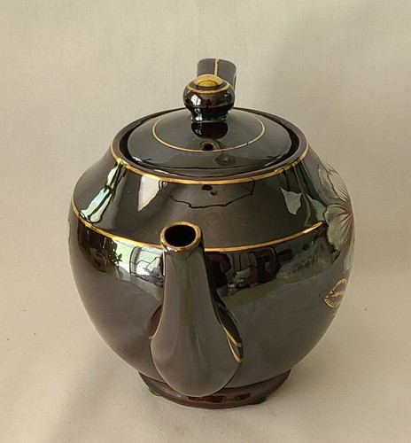 Vintage Trimont Ware Brown Redware Hand Painted Teapot Iris - Picture 4 of 8