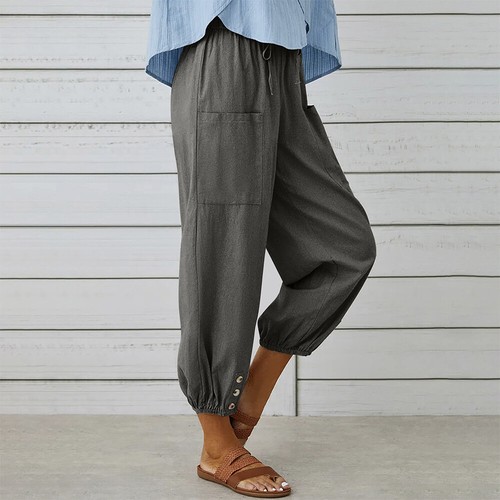 Womens Cotton Linen Cropped Pants Ladies Summer Pockets Wide Leg Loose Trousers - Picture 5 of 16