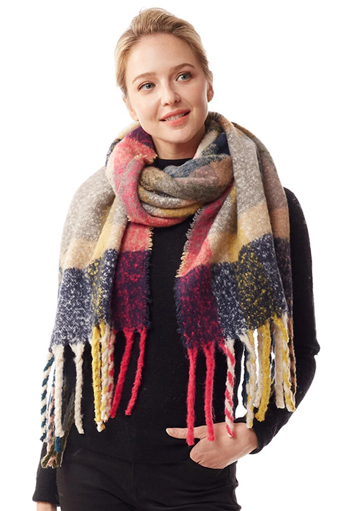 ScarvesMe Women Winter Warm Soft Multicolor Plaid Fuzzy Scarf with Fringe Tassel