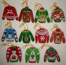 Hand-crafted completed diamond painting UGLY CHRISTMAS SWEATER keychain