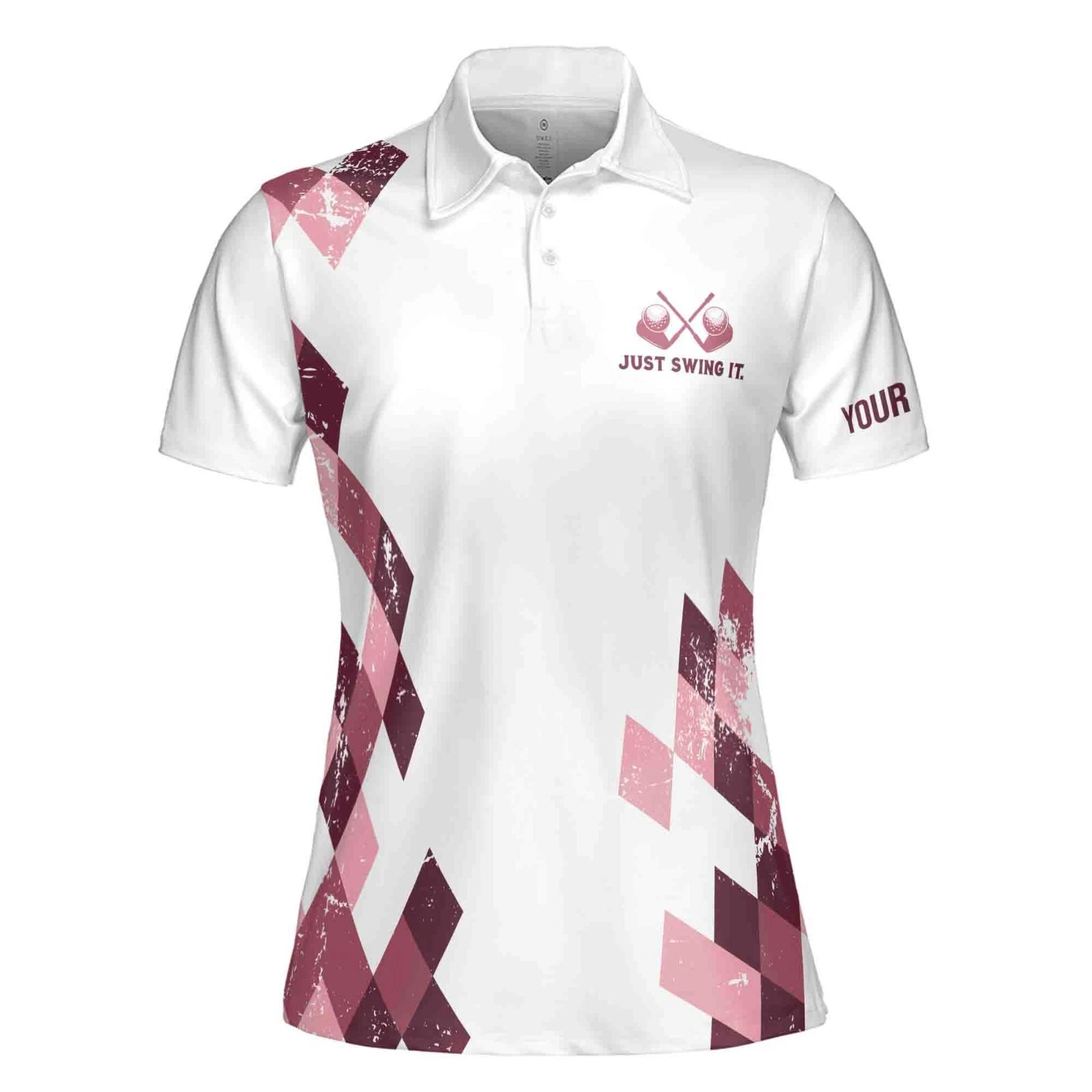 Women's Pink Flamingo Argyle Golf Polo Shirt, Custom Name, Just Swing It
