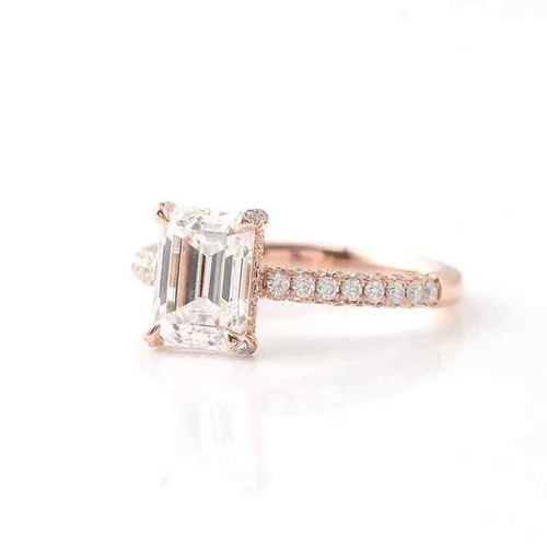 2.5Ct Emerald Cut Moissanite Engagement Wedding Gift Ring 14K Solid Rose Gold - Picture 3 of 9