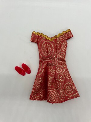 Vintage 90s Barbie Red and Gold Off the Shoulder Dress with Open Toe Heels  | eBay