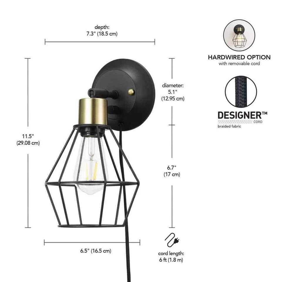 Aplique de pared Hampton Bay Bryson 1 luz negro mate y latón 65741 Foto 3 de 4