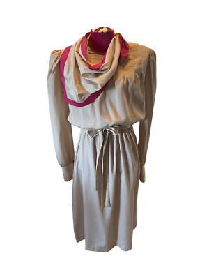 silk scarf dress ebay Vintage 80s Ms Stellas Dress Belted Midi Secretary Shoulder Button Scarf