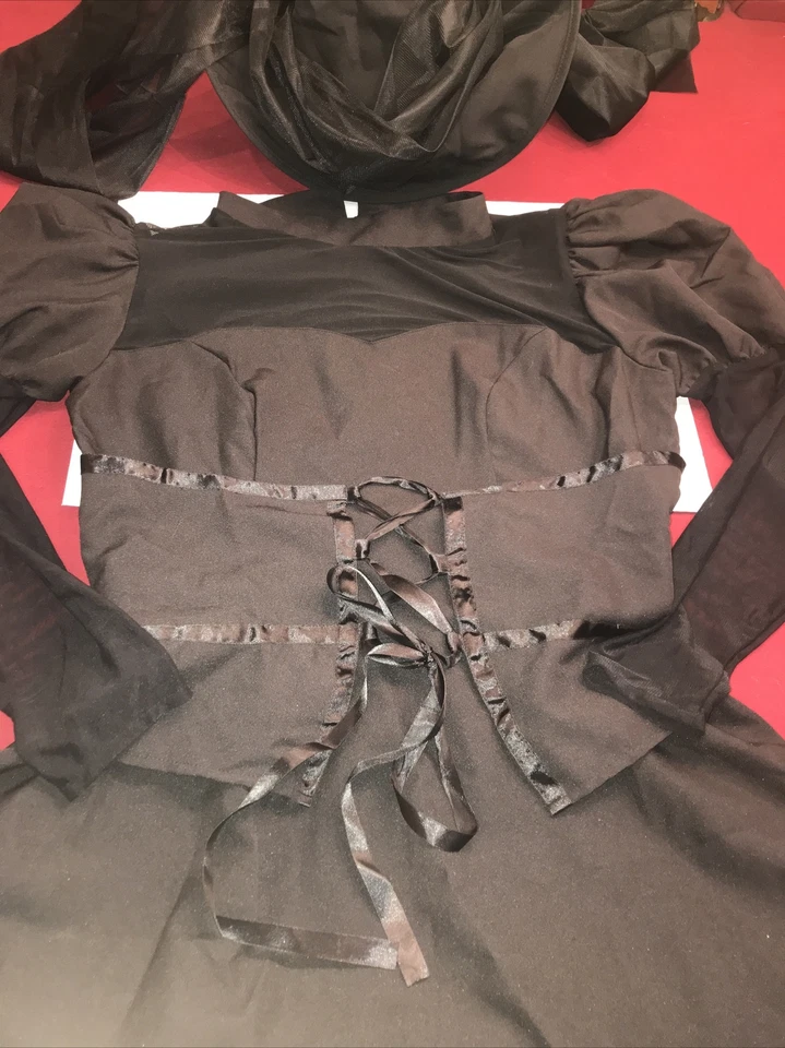 Plus Size 16-22 Classic BLACK Witch Costume Puff long Sleeve Lace Up Dress, Hat - Image 4 of 4