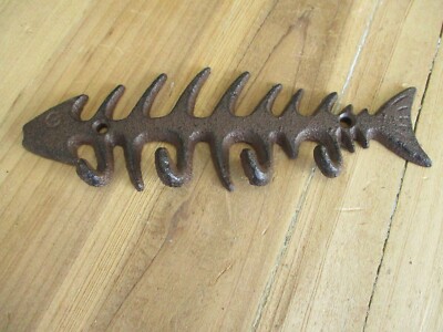 Cast Iron Fishbone Fish Bones Wall Hook Key Hat Coat Rack Holder Nautical Decor
