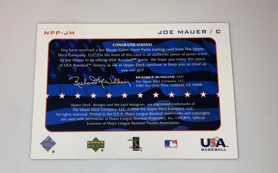 2004 Upper Deck Joe Mauer “National Pride” Relic USA Baseball #NPP-JM Twins HOF - Image 2 of 2