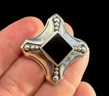 Brooch Signed 925 Boma Square Black Onyx Inlay Cross Pin Sterling Silver Pendant