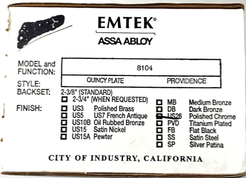 EMTEK ASSA ABLOY 8104 QUINCY PLATE PROVIDENCE US26 CROMO PULIDO Foto 2 de 4