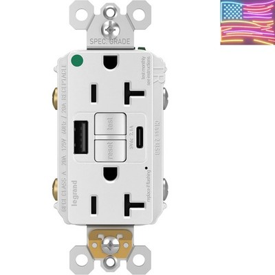 Pass & Seymour Radiant 20 Amp Hospital-Grade GFCI Wall Power Outlet with 2.0 ...