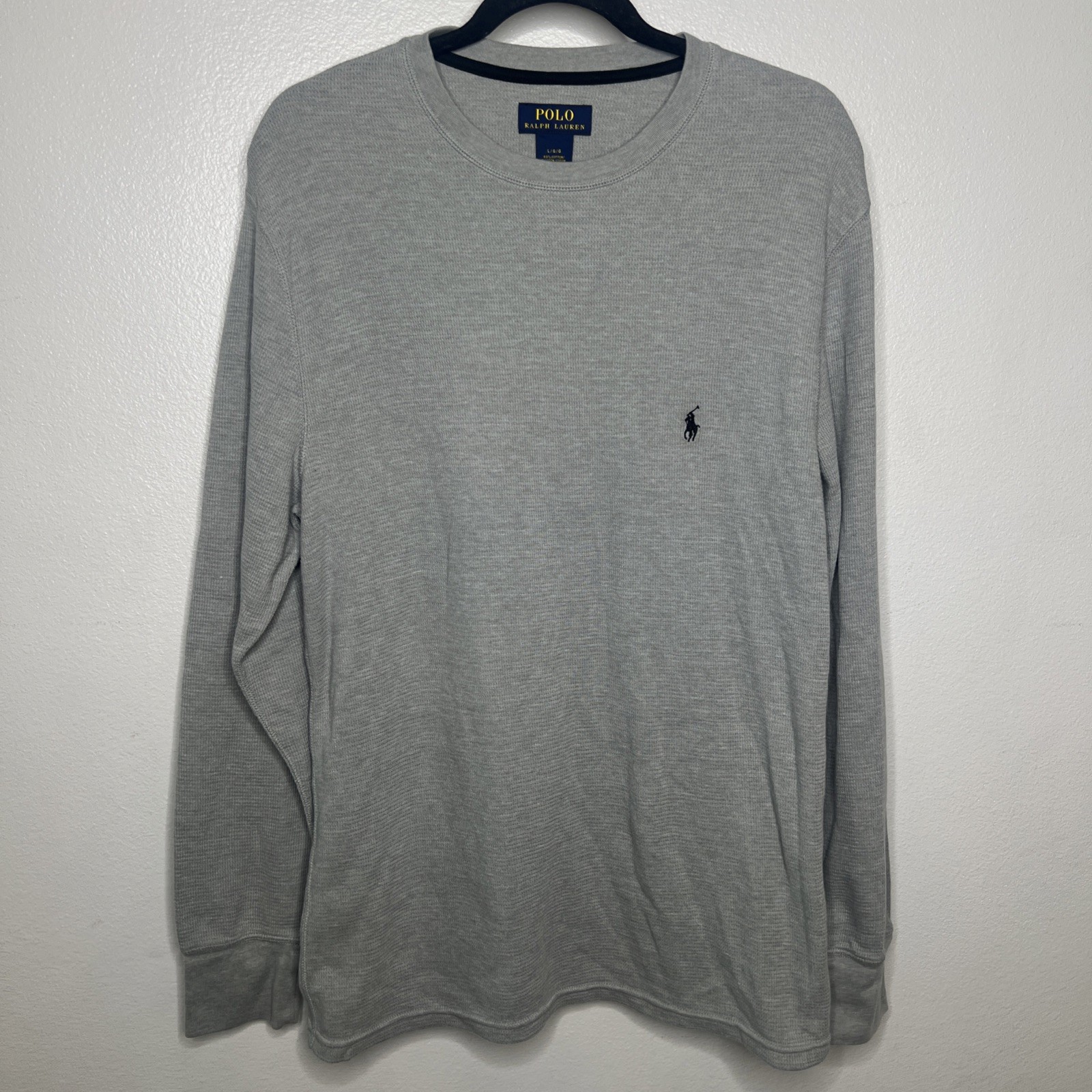 Polo Ralph Lauren Camicia Grigio Cialda Termica Manica Lunga Nero Pony Uomo Large