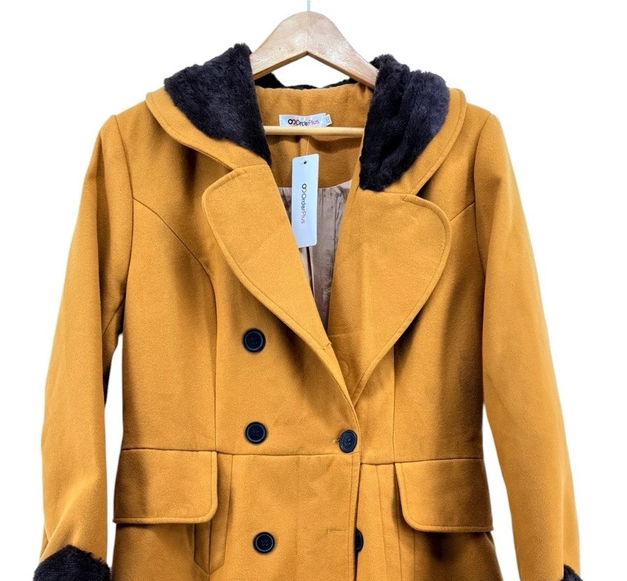 Order Plus MUSTARD Trench Coat WOMENS NWT XXL ButtonUp FAUX FUR Peter Pan Collar - Image 2 of 4