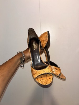 Chadwicks Tan Black D'Orsay Peep Toe Solid Stiletto Slip On Synthetic Heels