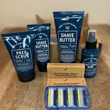 Dr Carvers Shave Butter Prep Scrub Post Shave Dew Razor Blade Set