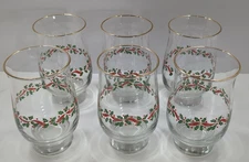 6 Libbey Christmas Holly Berry Glass Red Ribbon Tumbler Tulip Gold Rim 14 OZ