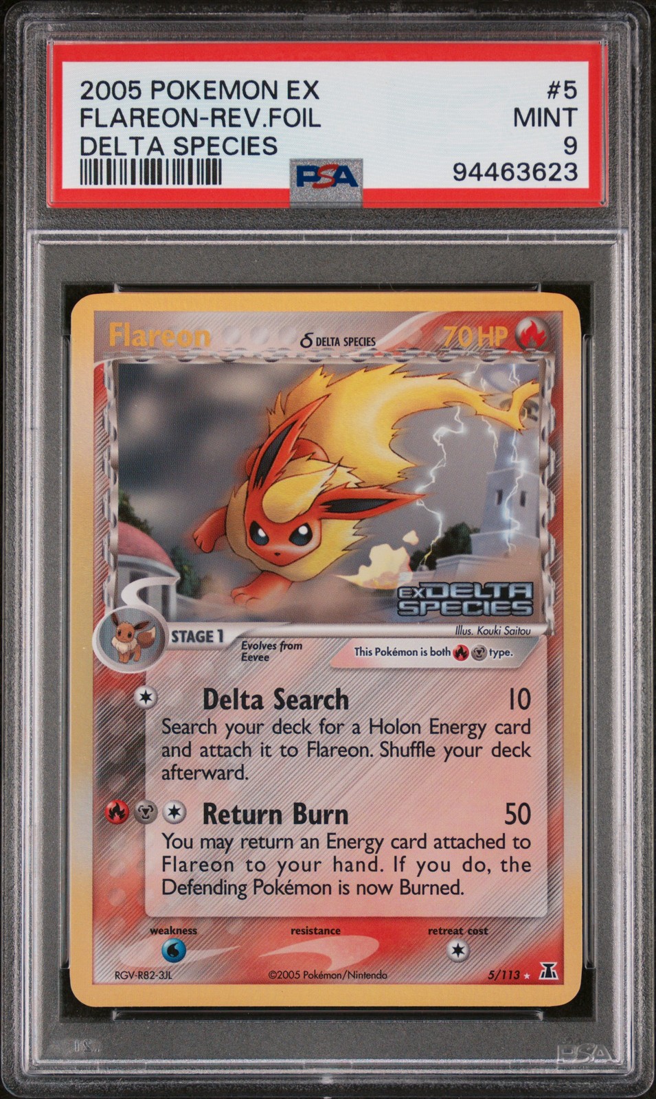 2005 POKEMON EX DELTA SPECIES FLAREON REVERSE FOIL #5 DELTA SPECIES PSA 9