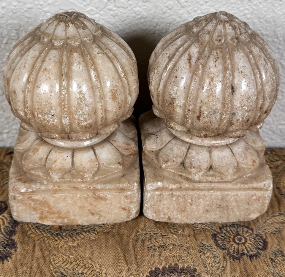 Antique Indian Mughal Carved Marble Carpet Rug Weights Lotus Sculpture 18th C. - Image 4 of 4