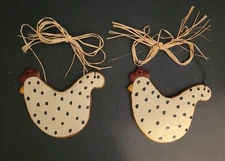2  Vintage resin Chicken hanging ornament with Raffia tie 5.25" long, handmade.