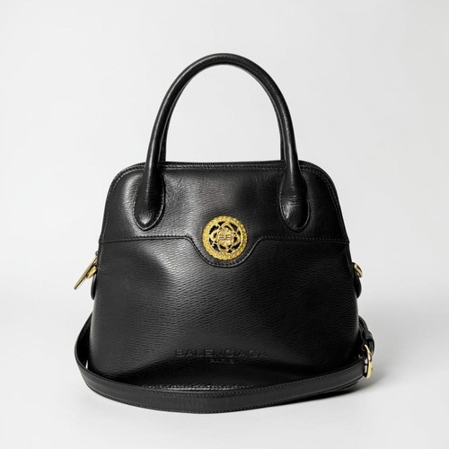 BALENCIAGA BB Logo Leather 2 Way Handbag Black Shoulder Bag Gold Hardware Italy