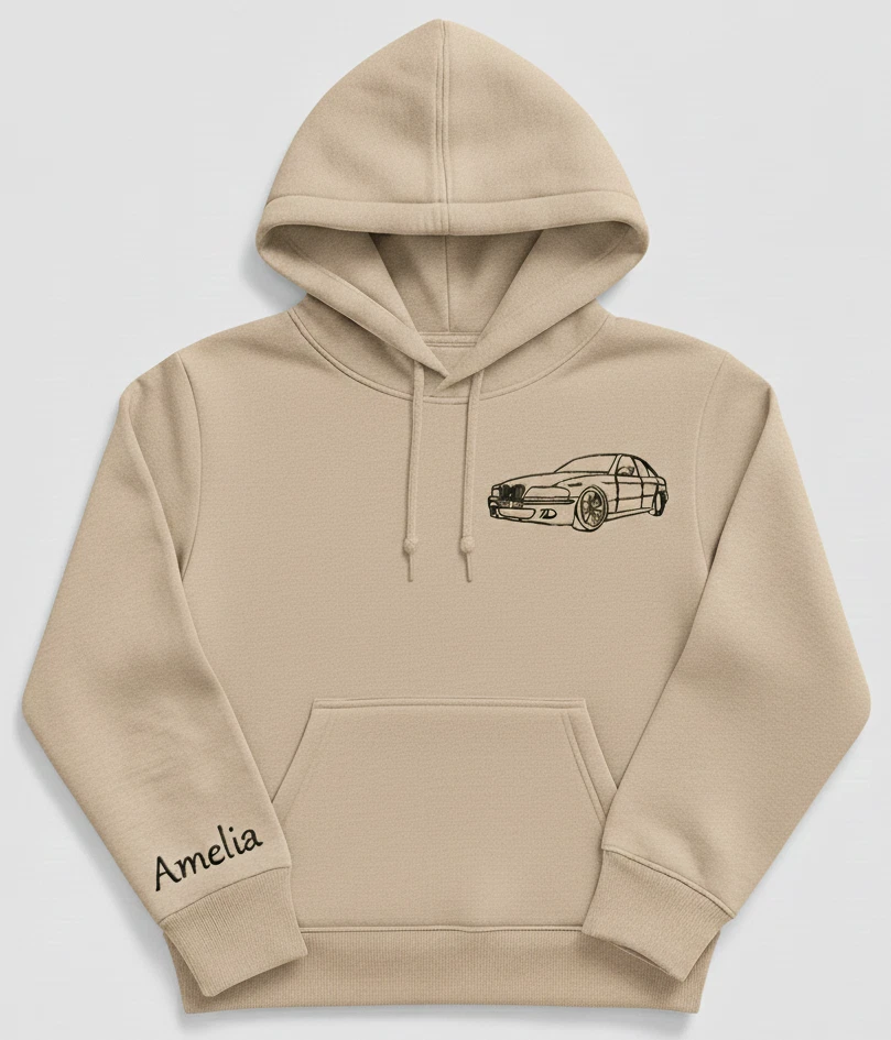 Personalised Car Embroidery Hoodie, Custom Left Chest Car Outline Hoodie