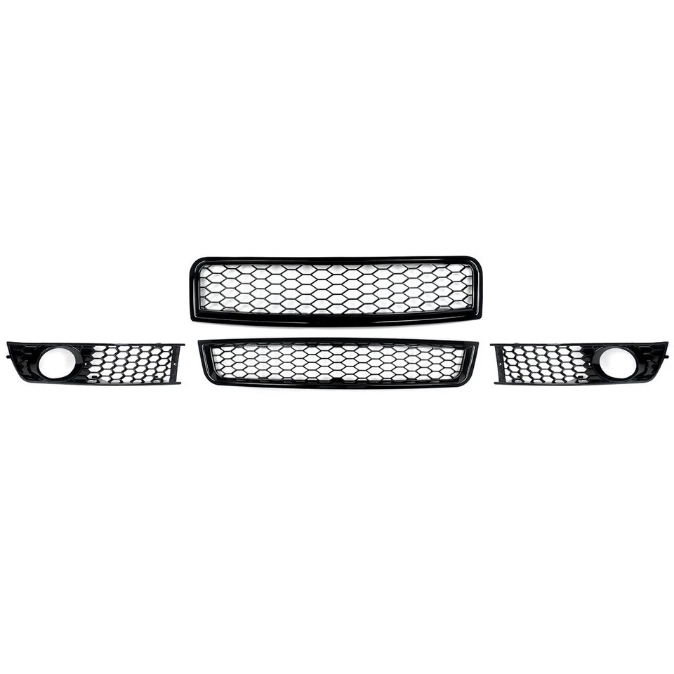 Honeycomb Style Black For Audi A4 B6 Upper Lower Grille Fog Light Grill 02-05 US - Image 3 of 4