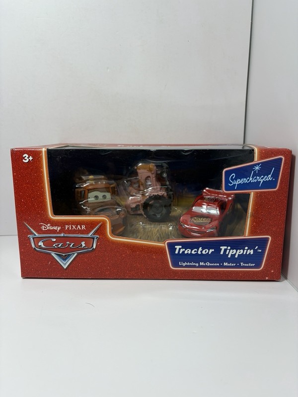 Disney Pixar CARS Supercharged TRACTOR TIPPIN Playset. Mater, Lightning McQueen