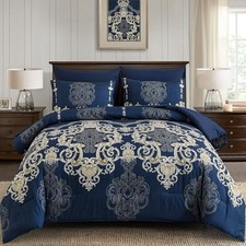 Comforter Set, 7 Pieces Boho Bed in a Bag for Bed, Damask Queen Blue Gold