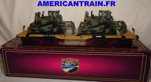 47’ TTX Heavy Duty Flat Car w/2 D8R Military Tractors 3 Rails O Scale MTH