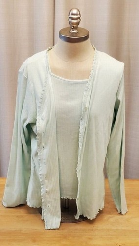 Denim and Co Womens Light Green Knit Cardigan with Matching Sleeveless Top Large