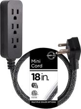 3-Outlet Power Strip, 18In Braided Extension Cord, Grounded Adapter, Low-Profile