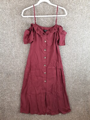 Miss Selfridge Dress Women US 8 Burgundy Wine Linen Blend Midi Off Shoulder  Chic | eBay UK