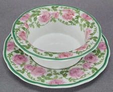 Bernardaud & Co Limoges Pink Rose & Green Leaf Scrollwork Ramekin & Saucer